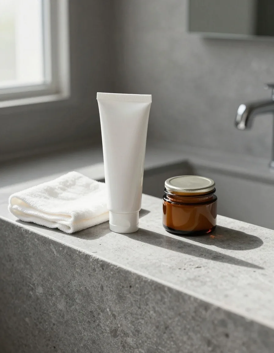 Everyday body care items arranged on a stone bathroom shelf in morning light