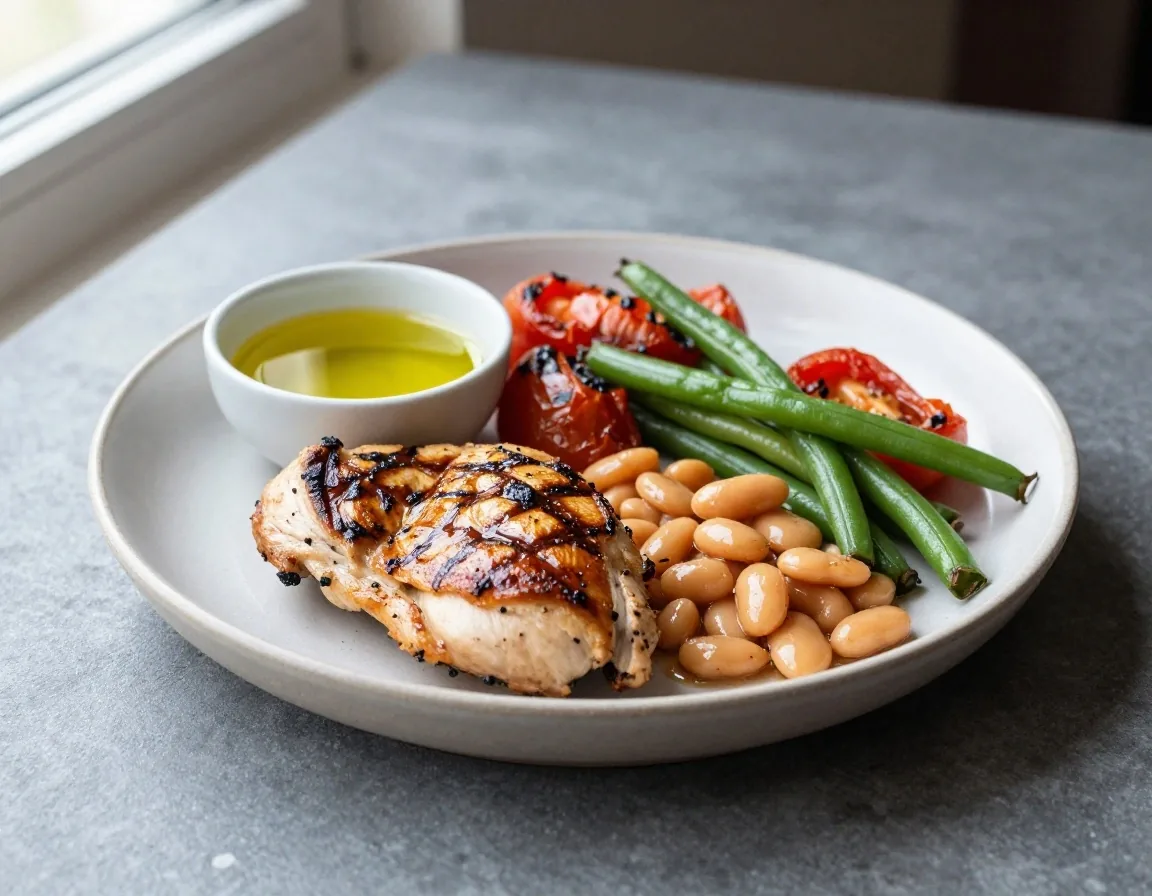A home-cooked plate of chicken, butter beans, roasted tomatoes and green beans on a stone table