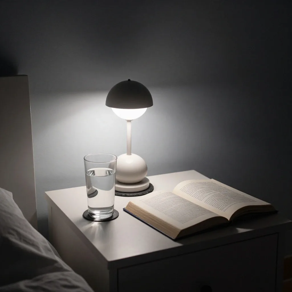 A bedside table at night with a glass of water, a closed book and a small lamp