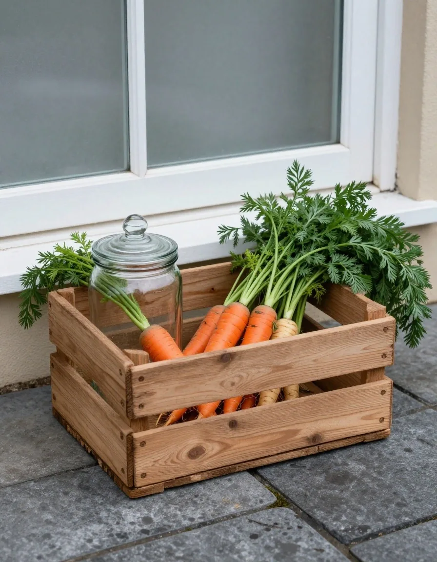 A wooden crate of vegetables and a lidded jar on wet stone beside a frosted window in a cool shed interior